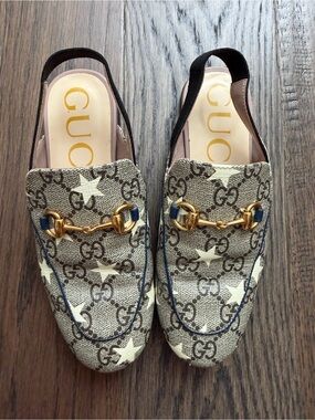 Gucci Beige Star GG Canvas Horsebit Slingback Loafers with Blue Trim